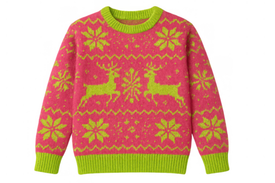 Pink and neon green christmas sweater featuring deer and snowflakes, winter holiday fashion wear, transparent background - Powered by Adobe