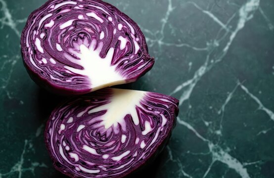 Close view of halved red cabbage on dark marble table. Purple vegetable shows white core, layered leaves, vibrant color. Ready for salad prep.