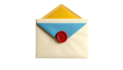 Ivory envelope with blue triangle detail & red wax seal; yellow paper peeks from within