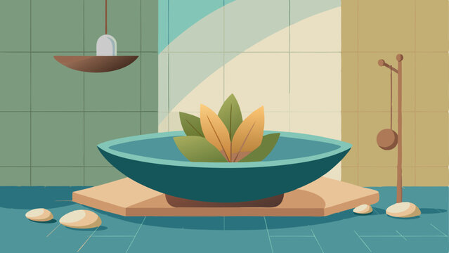 A bathroom with a large leafshaped vessel sink and a stone pebble shower floor.