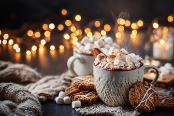 A cozy Christmas scene with a mug of hot chocolate, cinnamon, and cookies. Warm light in the background. Wooden table. Festive mood. New Year's atmosphere.