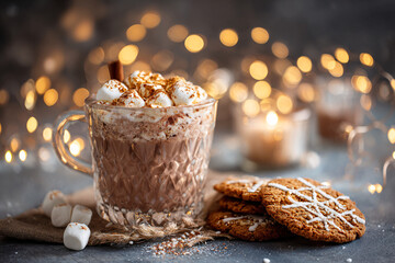 A cozy Christmas scene with a mug of hot chocolate, cinnamon, and cookies. Warm light in the background. Wooden table. Festive mood. New Year's atmosphere.