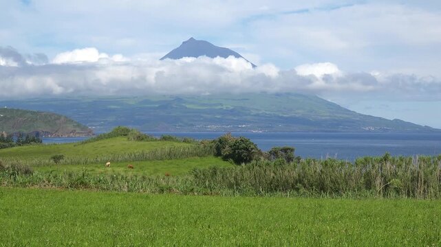 AZORES - 10.27.2025 - Amazing view of Mount Pico surrounded by clouds from across the ocean on Faial Island.