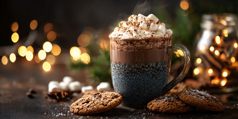A cozy Christmas scene with a mug of hot chocolate, cinnamon, and cookies. Warm light in the background. Wooden table. Festive mood. New Year's atmosphere.