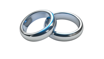 Two silver wedding bands interlocked, reflecting light on a stark black background create a stark contrast