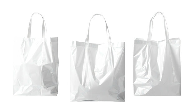 Three white plastic shopping bags in a row against a black background, angled slightly differently