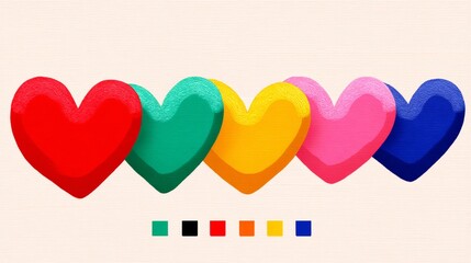 Row of colorful hearts are displayed on a white background. The hearts are arranged in a rainbow pattern, with each heart a different color. Concept of joy and happiness