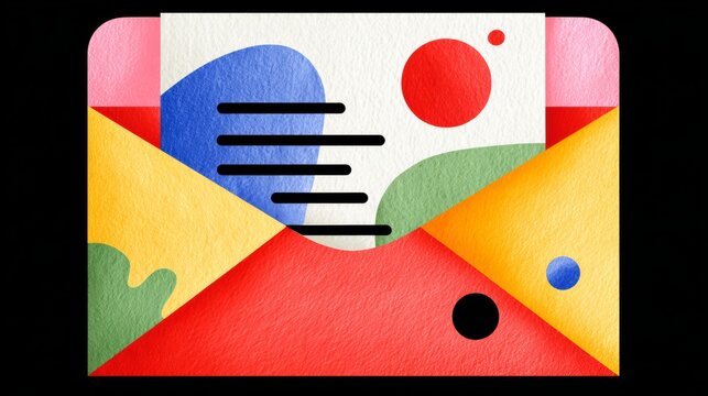 Colorful envelope with a red background and a white border. The envelope is decorated with a variety of colors and shapes, including circles and squares. The design of the envelope is playful - Powered by Adobe