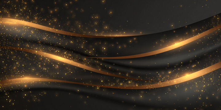 A luxurious abstract background with a black gradient and golden curved lines and waves. Shiny elements. An elegant festive composition for a New Year's banner. Minimalistic design.