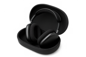 Black over-ear wireless headphones with case, offering immersive sound and modern listening experience on transparent background