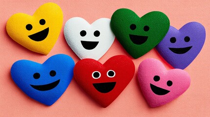 Row of colorful hearts with smiling faces on them. The hearts are arranged in a row, with some being closer to the front and others further back. Scene is cheerful and positive, as the hearts