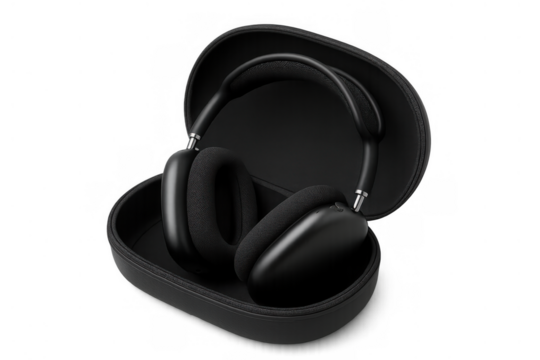 Black over-ear wireless headphones with case, offering immersive sound and modern listening experience on transparent background