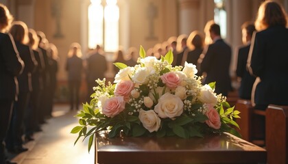 Funeral ceremony inside a sunlit church. Beautiful rose bouquet adorns a wooden coffin. Blurred people mourn, pay last respects to deceased at the farewell memorial service.