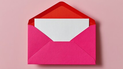 Pink envelope with a white card inside is open. The envelope is decorated with red and white colors, giving it a festive and cheerful appearance