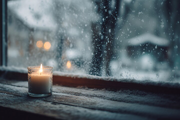Background with a burning candle on a wooden windowsill. Snow falling outside the window. Christmas mood. Soft blurred background. Minimalistic cozy aesthetic.