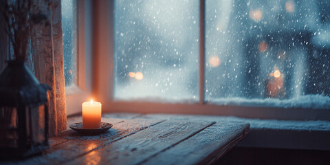 Background with a burning candle on a wooden windowsill. Snow falling outside the window. Christmas mood. Soft blurred background. Minimalistic cozy aesthetic.