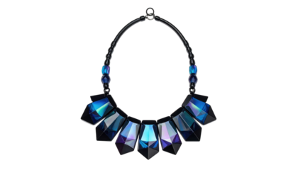 Dark metal necklace with iridescent blue gems arranged in angular facets, isolated on a black background