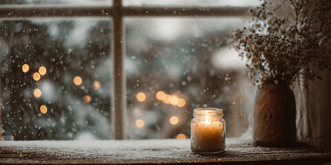 Background with a burning candle on a wooden windowsill. Snow falling outside the window. Christmas mood. Soft blurred background. Minimalistic cozy aesthetic.
