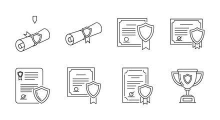 Set of minimalistic award and diploma icons with shields, representing achievement, security, and recognition. Includes rolled scrolls, framed certificates, and a trophy cup, perfect for web, graphic