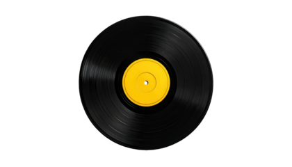 Vinyl record. Black disc with yellow center label on a solid black background, creating a classic musical image