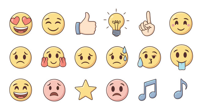 Collection of colorful and expressive emoji icons and symbols on a black background, including faces with various emotions like love, happiness, sadness, and worry, along with a thumbs-up, a