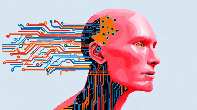 Man's head with a lot of wires coming out of it. The wires are orange, blue, and red. The man's face is red and has a yellow eye - Powered by Adobe