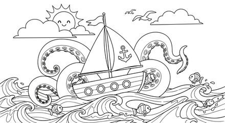 Whimsical nautical adventure coloring page design for kids, featuring a charming sailboat embraced by playful kraken tentacles amidst stylized ocean waves under a smiling sun and clouds, with little