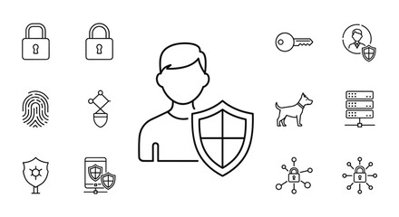 Minimalist security icon set featuring a person with a shield symbolizing safety and protection, alongside other icons like locks, fingerprint, key, server, and network connections, presented as