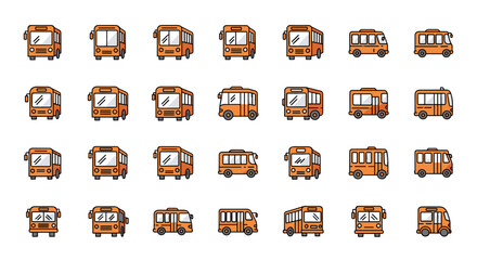 Collection of vibrant, minimalistic orange bus icons with a filled color design, featuring clean lines and a linear pictogram style perfect for web and graphic design, app interfaces, banners, social