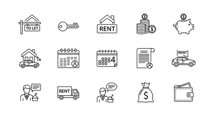 Vector graphic illustration of a rent icon set, featuring a 'To Let' sign, key, rent sign, stacked coins, piggy bank, house with car, calendar with coins, contract with person icon, car with rent