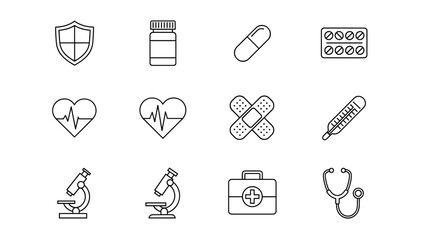 Set of 12 minimalistic thin outline icons for web and graphic design, apps, banners, social networks, and cards, featuring medical and health-related symbols like pills, shield, heart rhythm
