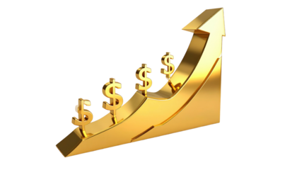 Golden arrow graph showing upward trend with dollar signs, illustrating financial growth on a dark background