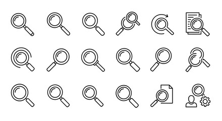 Collection of magnifying glass icons in a clean, ordered line set on a white background, representing search and discovery. This vector illustration features multiple variations of the search icon