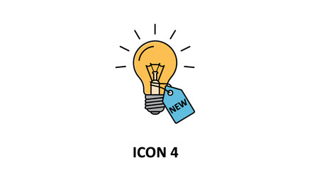 Illuminated light bulb with a blue tag displaying the word "NEW", symbolizing a fresh idea, innovation, or a newly launched product. This graphic represents creativity, discovery, and the spark of