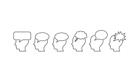 Minimalistic thin outline icons representing speech bubbles and thought clouds within human head silhouettes, symbolizing communication, ideas, and mental processes. Perfect for web design, graphic