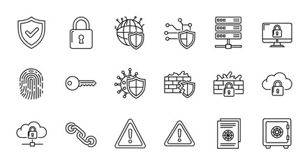 Set of cybersecurity and protection editable stroke pictograms, including a shield with checkmark, padlock, global shield, digital shield, server rack, computer monitor with lock, fingerprint, key