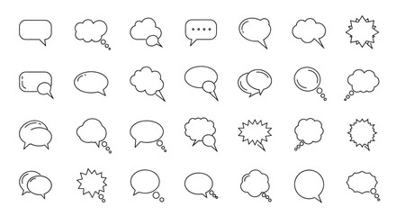 Collection of minimalistic thin outline speech bubble icons for web and graphic design, apps, banners, social networks, and cards. This vector cartoon illustration features a variety of speech bubble