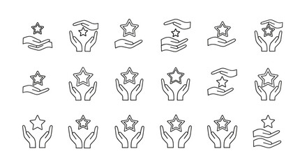 Set of minimalistic thin outline icons depicting hands holding stars, symbolizing trust, quality, and achievement. Ideal for web design, app interfaces, banners, social media, and graphic design