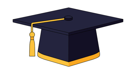 A minimalist, flat design vector illustration of a dark blue academic graduation cap with a golden tassel and trim, symbolizing education, achievement, and knowledge. This clean, modern icon is