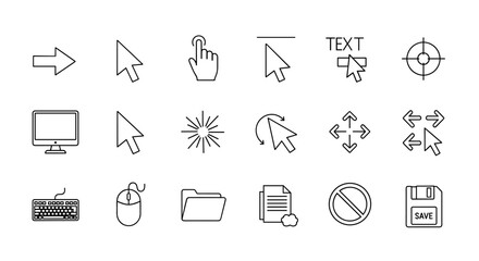 A comprehensive set of computer and monitor-related line icons, featuring various cursor and pointer outlines, perfect for graphic and web design, app development, advertisements, and diverse card