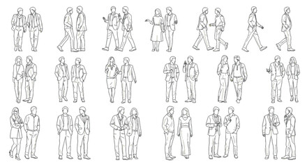 Architectural drawings hand-drawn outline collection of people walking, standing, and interacting, vector illustration, human person minimal style, black and white line art, modern design elements