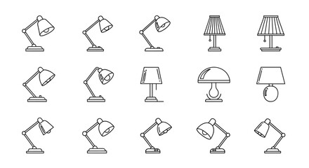Collection of diverse table lamp outline icons, perfect for graphic and web design, apps, adverts, and various cards. This ordered set features a clean vector cartoon illustration on a white