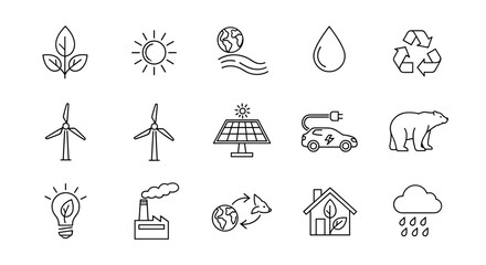 A comprehensive line icon set illustrating environmental themes, including nature elements like leaves, sun, water drops, and rain, alongside wildlife such as a polar bear and animal cycle graphics