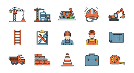 Vibrant flat design icons representing construction and building elements, including a crane, modern building, blueprint, excavator, safety helmet, ladder, dump truck, brick wall, traffic cone