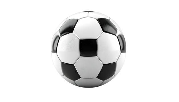 Classic black and white soccer ball with a glossy finish floating against a plain black background - Powered by Adobe