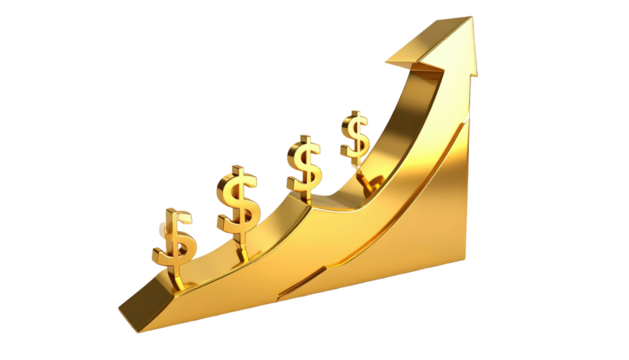 Golden arrow graph showing upward trend with dollar signs, illustrating financial growth on a dark background