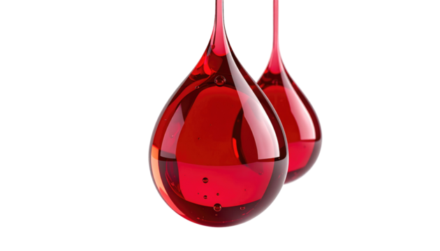 Two red liquid drops hang, illuminated against a black background, showing internal bubbles and light play - Powered by Adobe