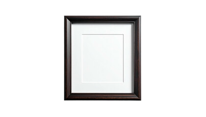 Dark wooden frame with white matte border against a black background. Isolated, centered, studio style