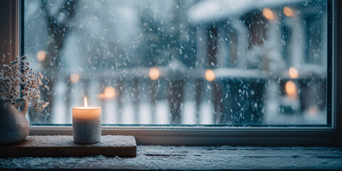 Background with a burning candle on a wooden windowsill. Snow falling outside the window. Christmas mood. Soft blurred background. Minimalistic cozy aesthetic.