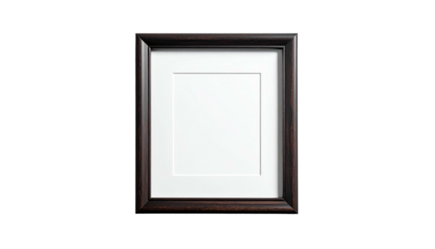 Dark wooden frame with white matte border against a black background. Isolated, centered, studio style